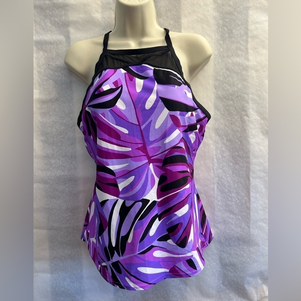Gerry Weber razor back tankini swim top in multi‎ purple & black Sz-XL. W15